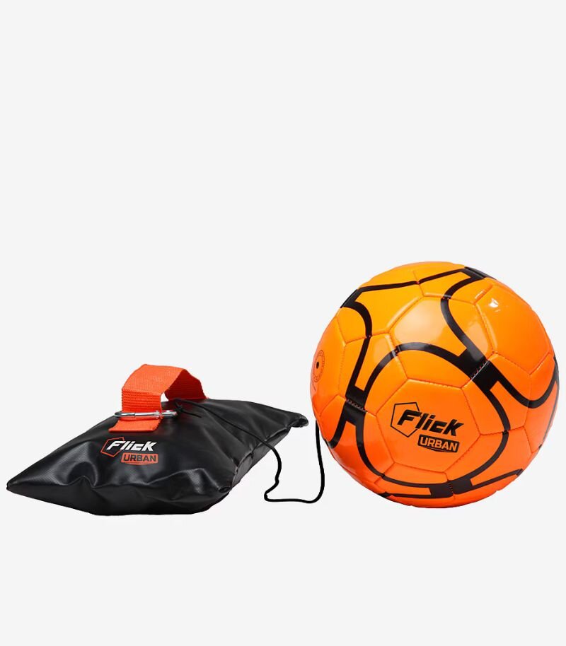 flick orange return ball on string, neon football attached to rope and weighted bag